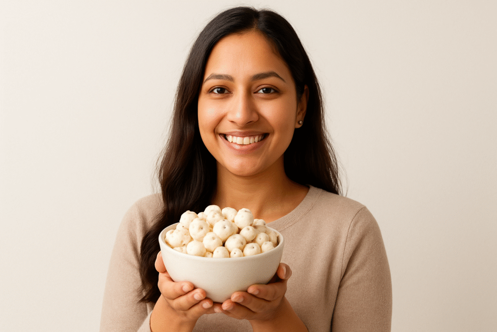 woman holding bowl of premium makhana fox nuts
